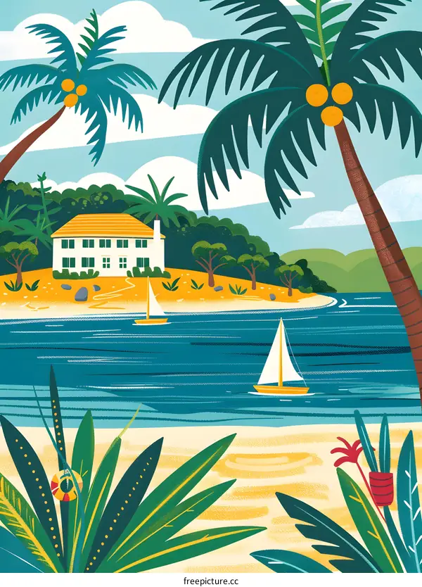 Tropical Beach House With Palm Trees And Sailboats