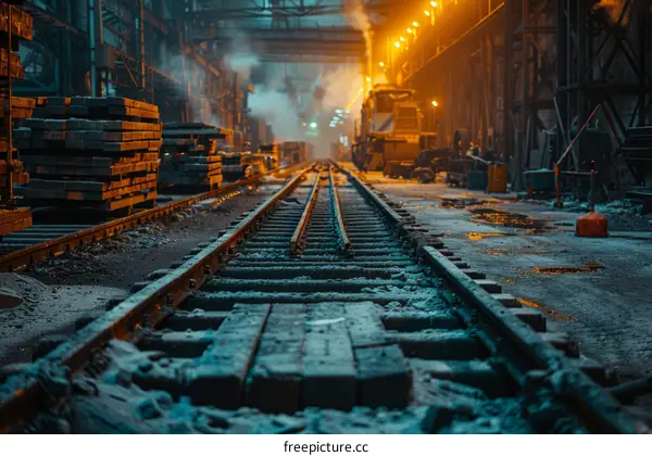 Steel mill factory railway tracks with sparks and steam locomotive in the distance