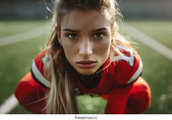 Woman in Red Football Uniform Looking at the Camera