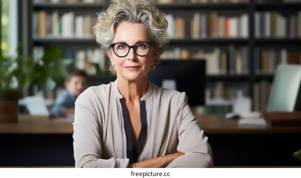 Confident businesswoman with crossed arms in front of bookshelf