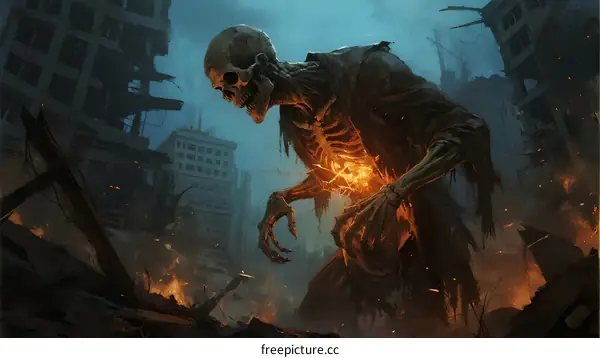 A haunting skeletal figure rises from debris in a post-apocalyptic city