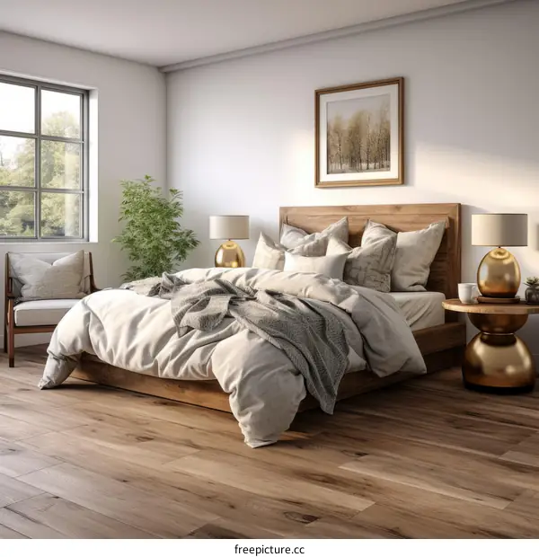 A bedroom with a large bed, a chair, and a nightstand.