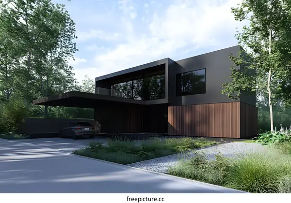 Modern Black House with Wooden Siding and Landscaping