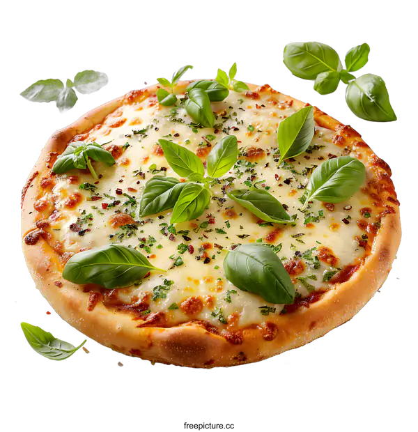 [Transparent Background PNG]Delicious pizza with mozzarella and basil leaves