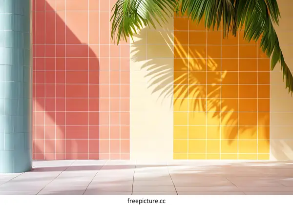 Pastel Tiled Wall with Palm Tree Shadow