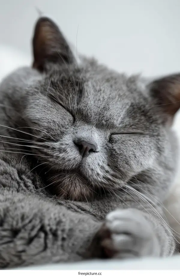 A gray cat is sleeping soundly