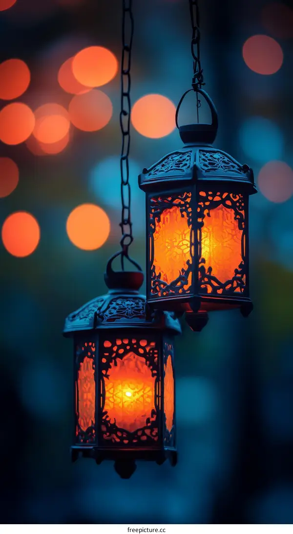 Hanging Lanterns Illuminated at Dusk