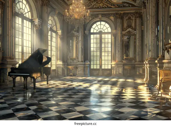 Ornate European Hallway with Grand Piano