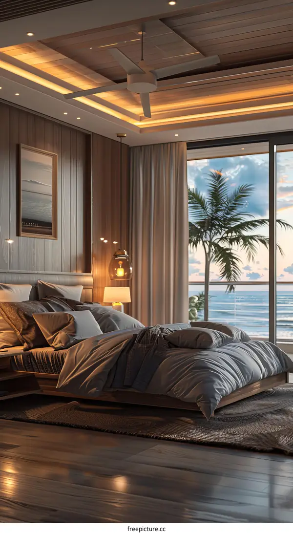 A bedroom with a view of the ocean