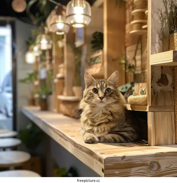 A cute cat is sitting on a wooden table in a cafe.