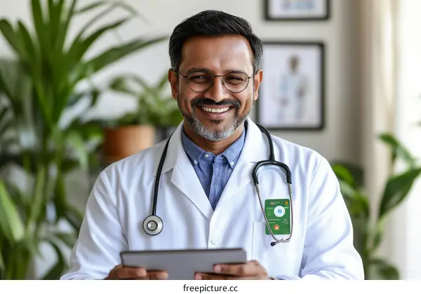 Smiling Doctor Holding Tablet in Modern Medical Setting