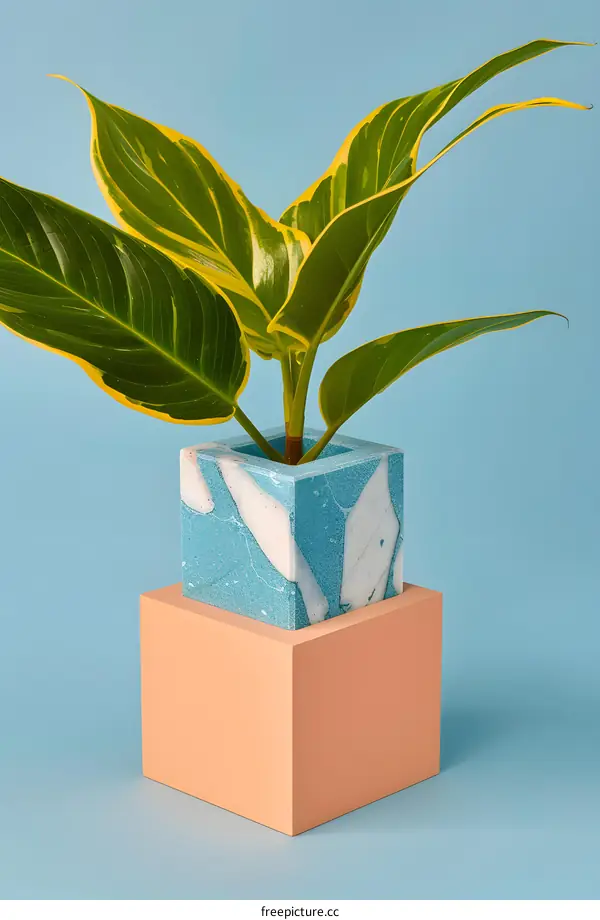 Green Plant in Blue and White Marble Pot on Orange Cube