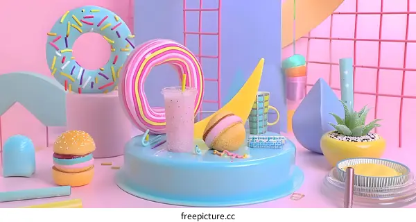 Pastel Colored Donut and Milkshake with 3D Background