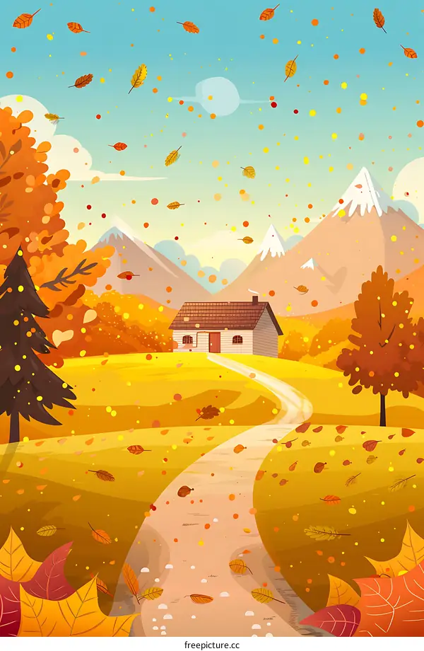 Autumn Landscape with Cottage and Mountain