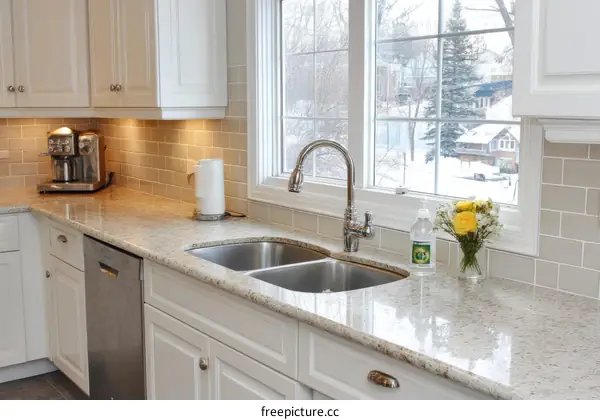 Modern Kitchen with Granite Countertop and Beige Tiles