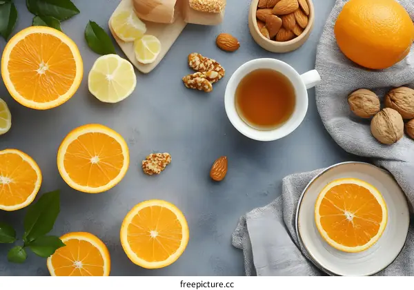 Healthy Breakfast with Oranges, Lemons, Walnuts, Almonds and Tea