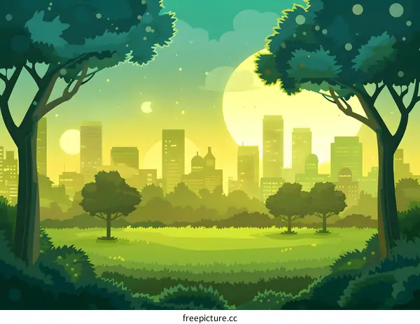 Green Park with City Skyline and Two Moons