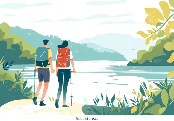 Couple Hiking by the Lake in a Mountain Landscape Illustration