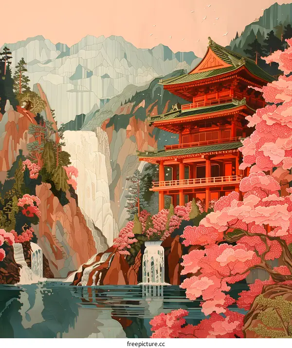 Japanese building with pink trees and waterfall