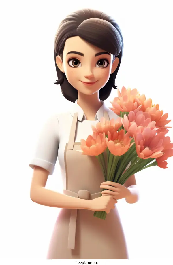 A 3D rendering of a young woman holding a bouquet of pink flowers