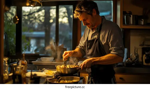 Man Cooking Food in Kitchen with Steam