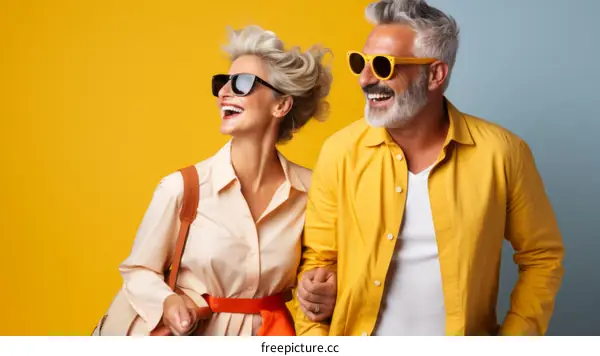 Happy retired couple laughing together