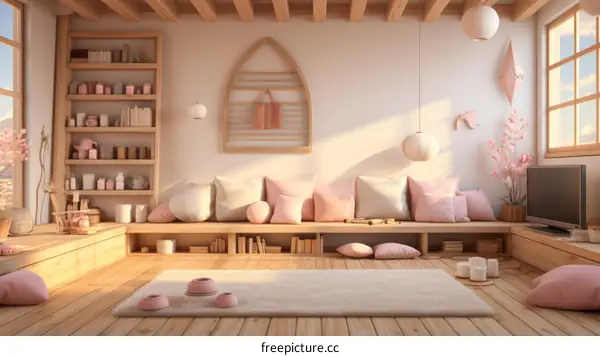 A cozy living room with a large sofa, bookshelves, and a TV