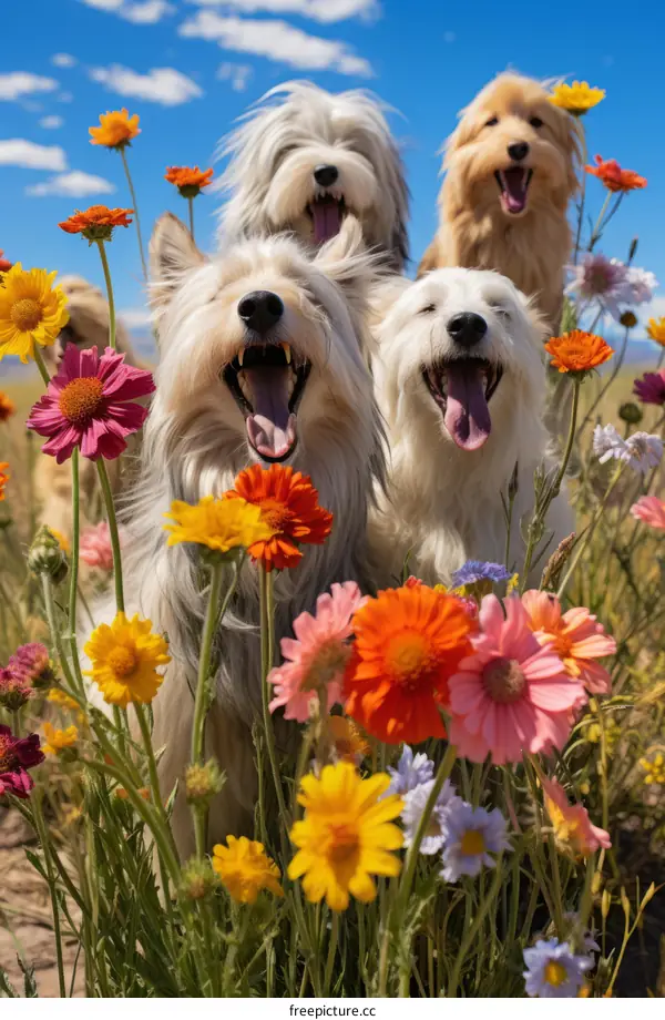 Four dogs with long white and brown fur are standing in a field of flowers with their mouths open and tongues hanging out