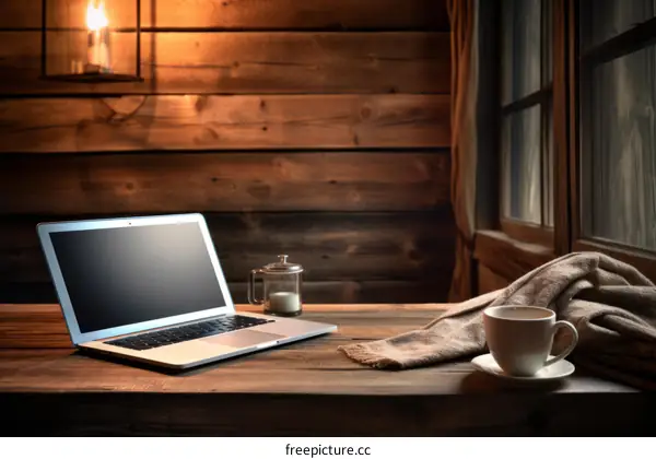 cozy cabin home office with a view and warm lighting