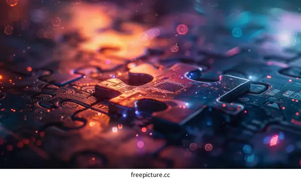 Circuit board puzzle with the final piece fitting into place