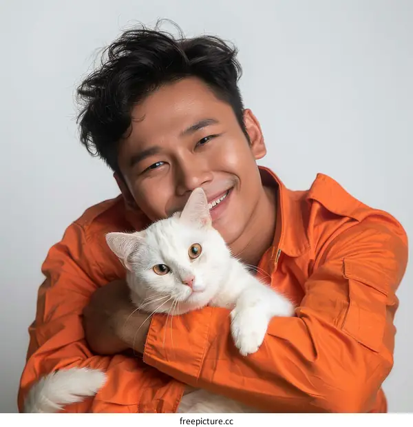 A young man with a white cat