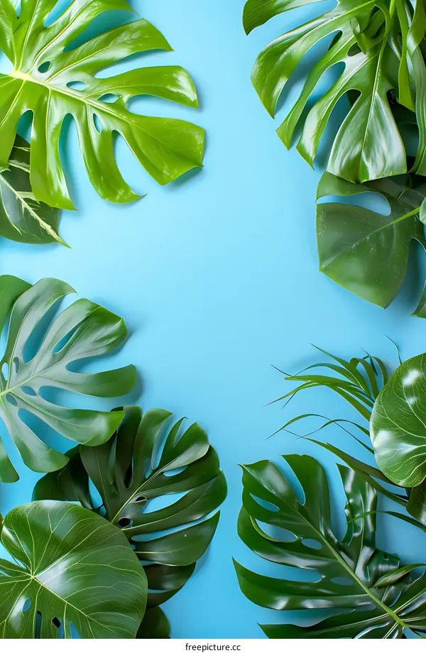 Green Tropical Leaves Frame on Blue Background
