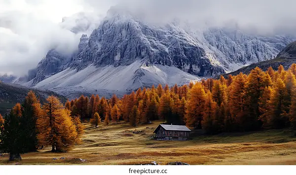 Autumnal Mountain Landscape with a Rustic Cabin