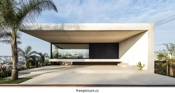 Modern Concrete House with Overhanging Roof and Palm Trees