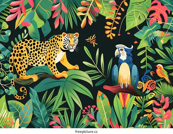 Tropical Jungle Animal Illustration With Leopard, Parrot And Flowers
