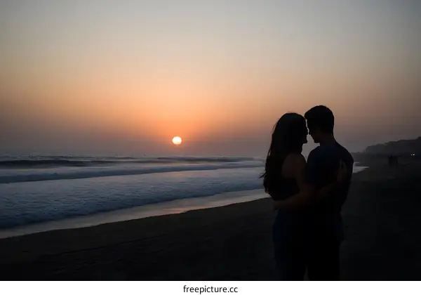 Silhouette of Couple Embracing at Sunset on Beach