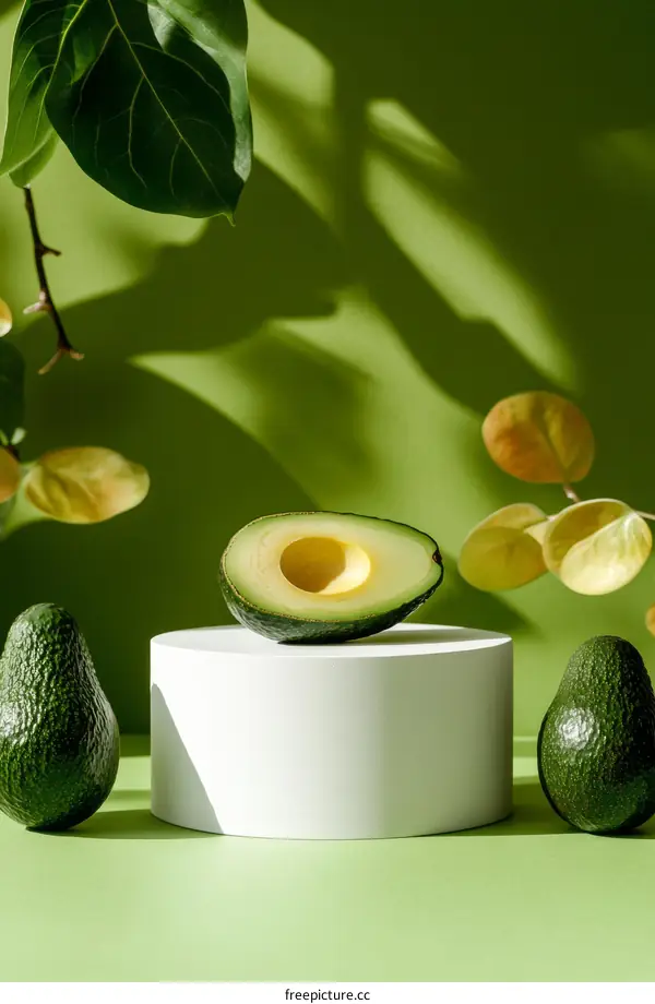 Fresh Avocado Display on White Podium
