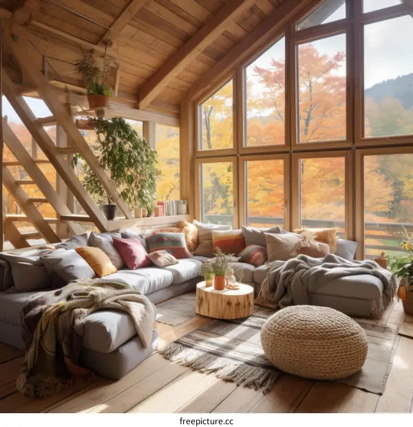 A cozy living room with a large window looking out onto a beautiful fall forest