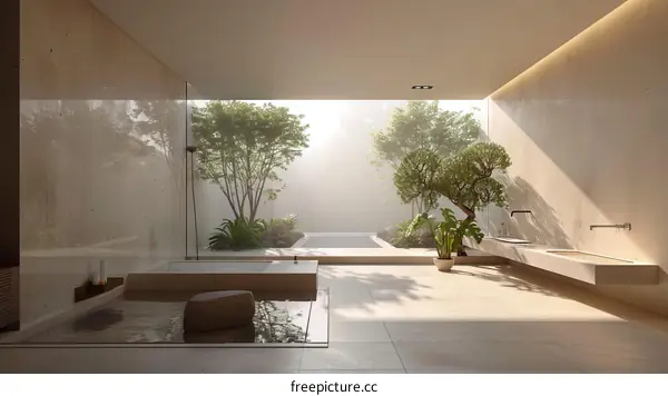 Bathroom with a view of a Japanese garden