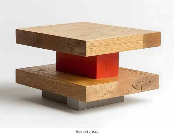 Modern Wooden Table with Red Accent and Concrete Base
