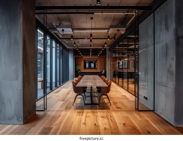 Modern Office Interior with a Long Dark Wood Conference Table and Brown Leather Chairs