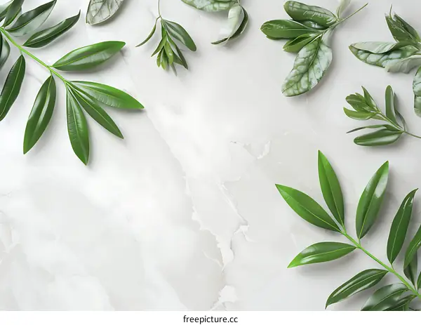Green Leaves on White Marble Background