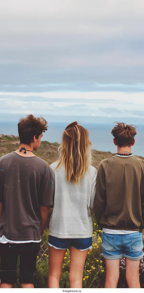 Three Friends Enjoying The View At The Coast