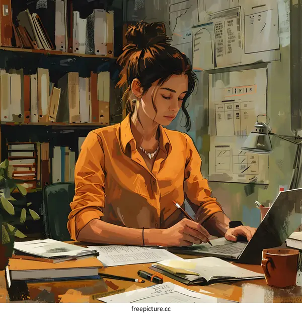 Young Woman Working at a Desk in Office