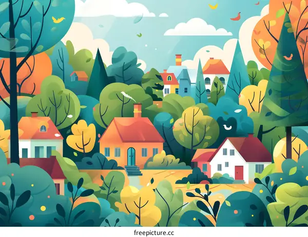 Colorful Illustration of a Small Town Surrounded by Trees