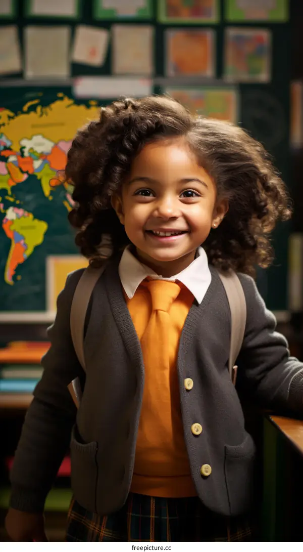 Little girl with curly hair smiling in front of world map