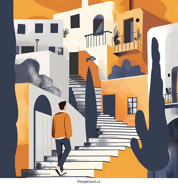 Man Walking Up Stairs in Colorful Cityscape Illustration