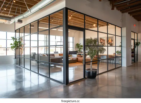 Modern Office Interior with Glass Walls and Potted Tree