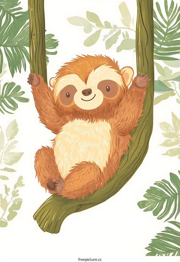 Cute Sloth Hanging On Branch Illustration
