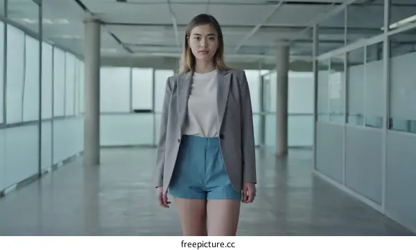 Woman Walking in a Modern Corridor